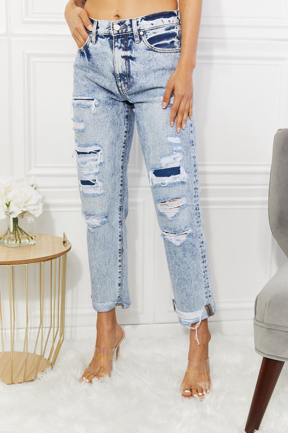 High Rise Distressed Straight Jeans