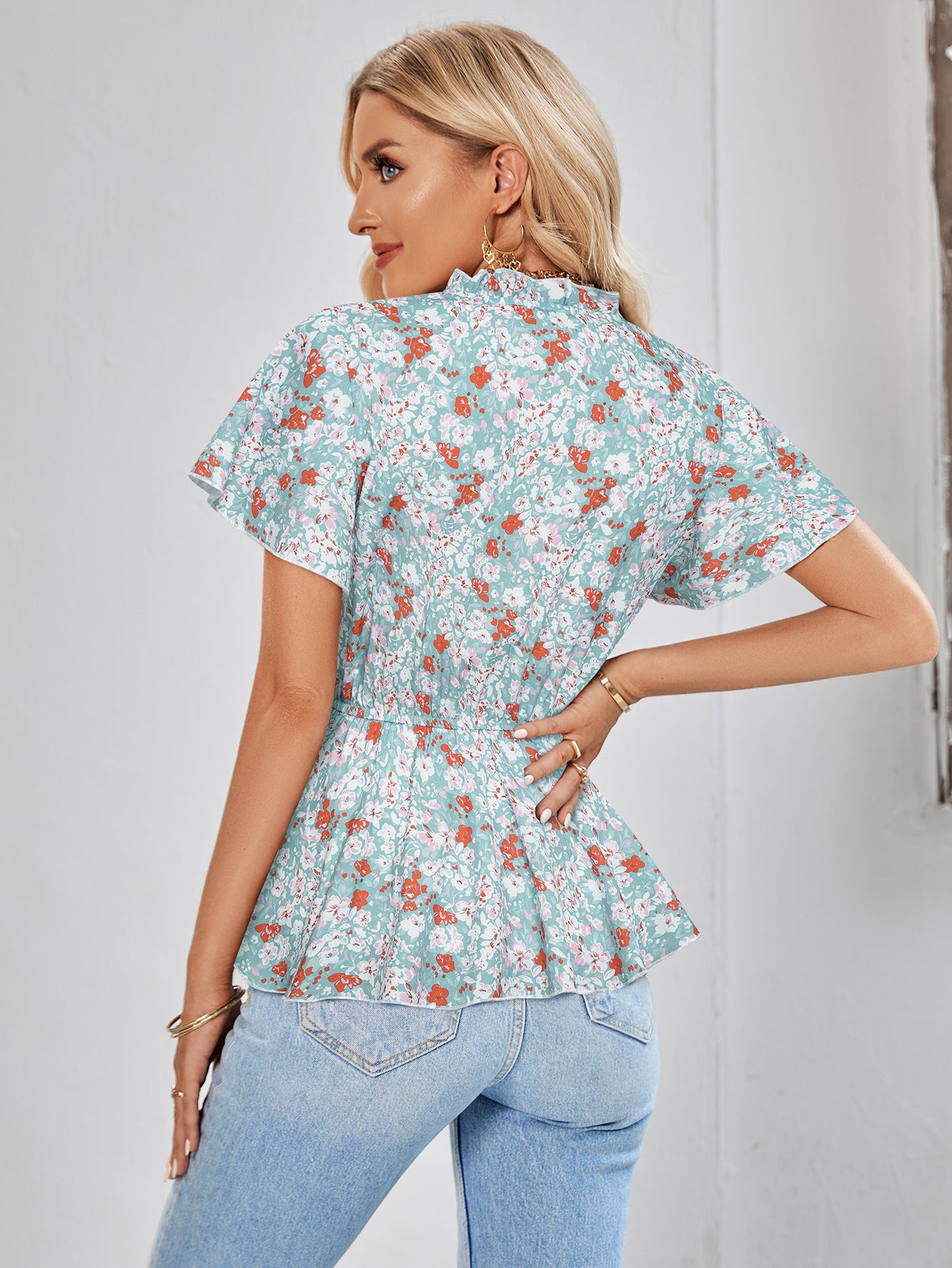 Floral Flutter Sleeve Peplum Blouse