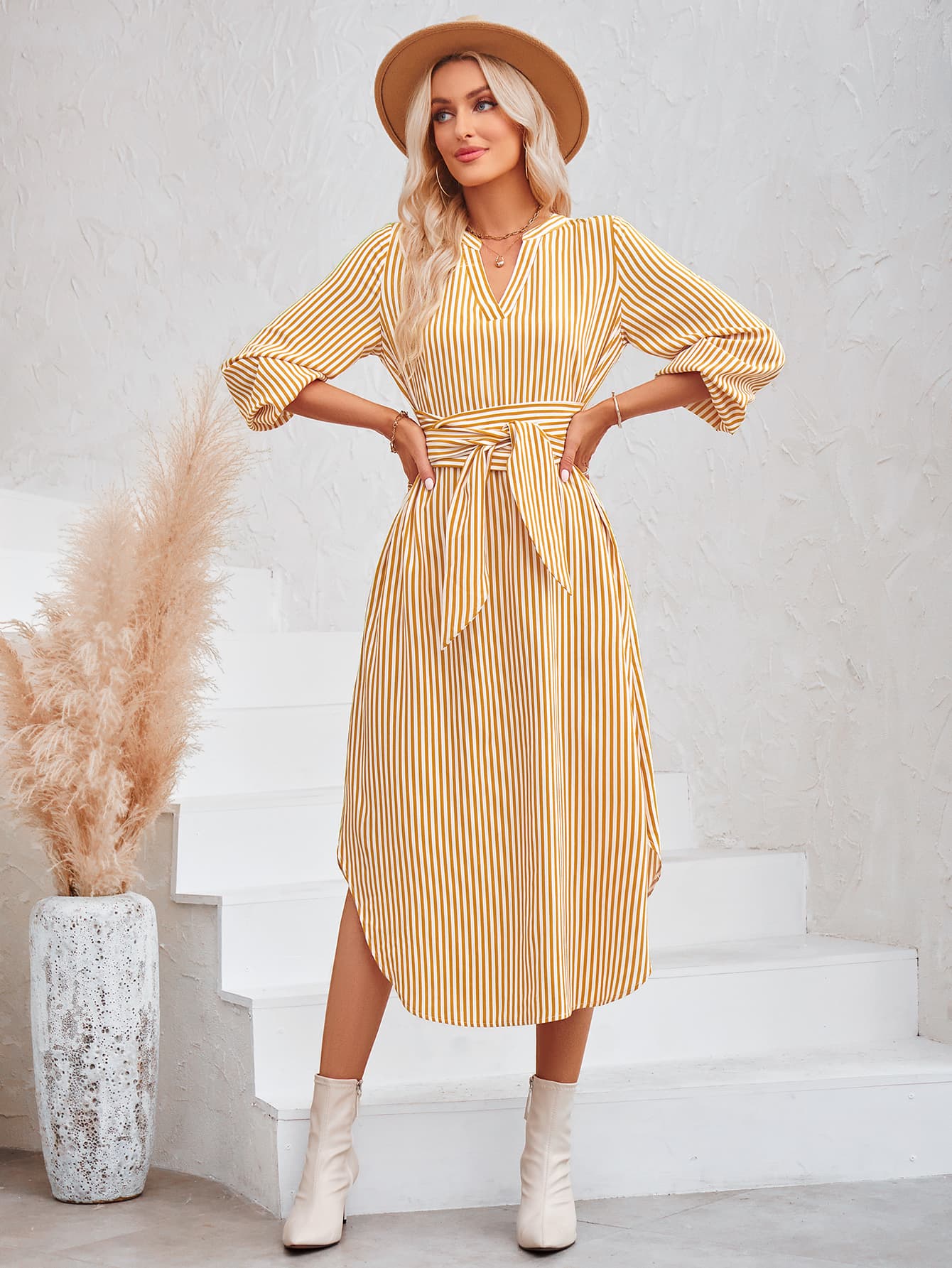 Striped Notched Neck Curved Hem Long Sleeve Dress